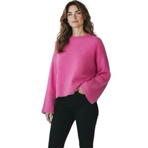 Rachel Zoe Cashmere Vibrant Flared Sleeve Pink Crewneck Sweater, Size Large